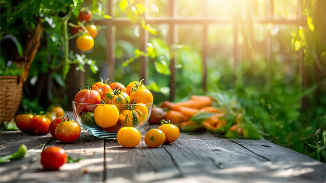 Assorted heirloom tomatoes in a glass bowl under natural light. - Powered by Adobe