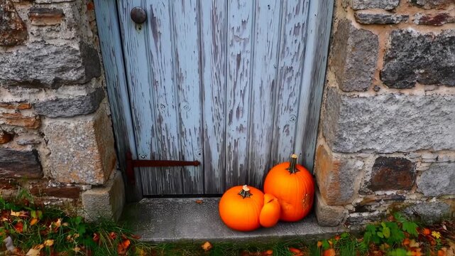 Aged light gray wooden door with rusty hinges, set in a stone wall, beside two pumpkins