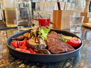 grilled beef steak with vegetables in a restaurant. High quality photo