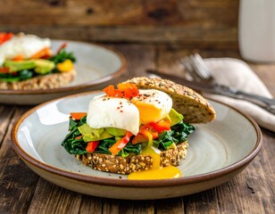 Egg and fresh vegetable sandwich on whole wheat bread, with studio lighting, healthy and appetizing presentation.