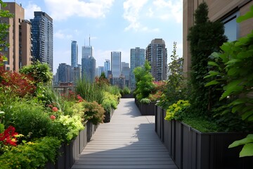 Fototapeta premium Urban Rooftop Garden with Skyline View for Sustainable Green Living and City Escape