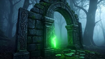 Ancient stone archway in a misty forest, with a glowing green energy source at the center - Powered by Adobe