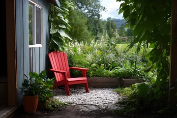 Fototapeta premium Recycled Plastic Adirondack Chair with Scenic Backdrop for Sustainable Outdoor Relaxation