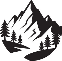 minimalist circular mountain logo style landscape with conifer woods river and tranquil vibe for outdoor lifestyle design