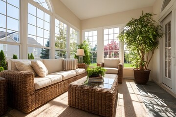 Fototapeta premium Relaxing Sunroom with Wicker Furniture and Panoramic Views for Serene Home Retreats