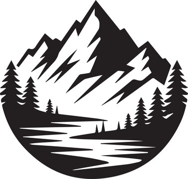monochrome alpine peak with snowy summit pine trees and winding stream minimal nature illustration in round badge style