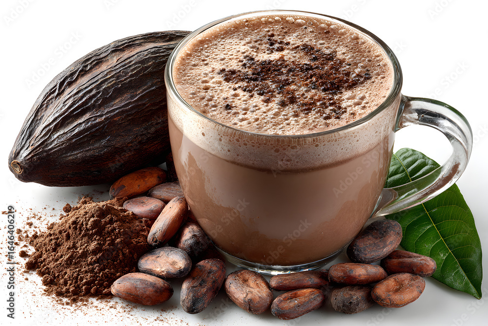 Poster cocoa drink with cocoa powder and beans isolated on white background.