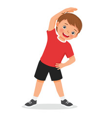 Little boy doing side bend stretching exercise
