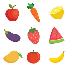 Set of fruits and vegetable collection include apple, carrot, lime, strawberry, banana, mango, tomato, eggplant, watermelon