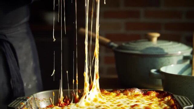Serving spatula lifting a slice of cheesy lasagna from a hot baking sheet, melted cheese stretching, rustic kitchen background