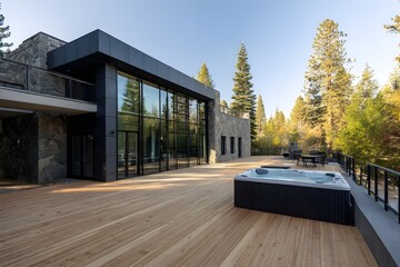 Obraz premium Obsidian Lounge Deck with Scenic View for Luxurious Modern Outdoor Living and Elegant Architecture