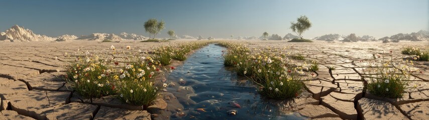 Oasis stream, arid landscape, cracked earth, wildflowers, distant mountains; environmental concept