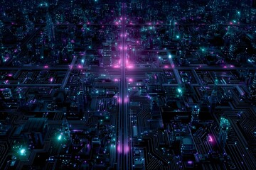 Glowing circuit board metropolis concept for futuristic cityscape art and high-tech visual storytelling appeal