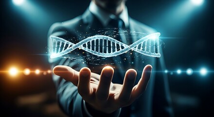 Genetics and biotechnology concept. A hand holds a slowly rotating holographic DNA double helix, representing medical research and genetics.
