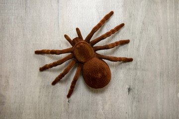 A large brown fake tarantula, Halloween theme background.