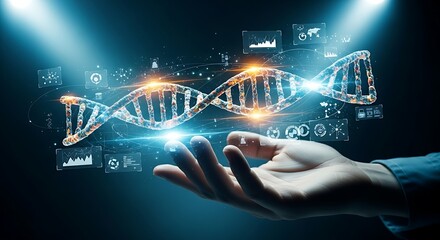Genetics and biotechnology concept. A hand holds a slowly rotating holographic DNA double helix, representing medical research and genetics.