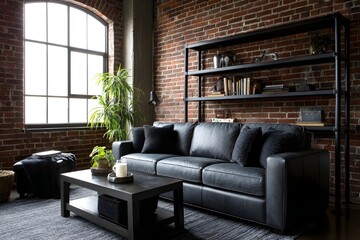 Obraz premium Industrial loft living room with cozy accents for chic urban design and modern industrial interior ideas