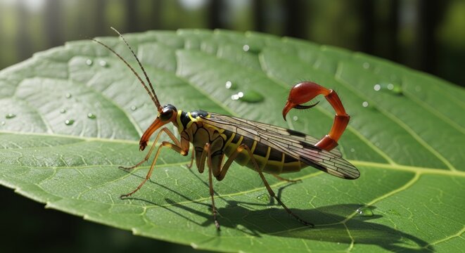 Detailed Scorpionfly Resting on Vibrant Green Leaf Outdoors