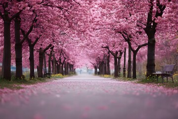 Naklejka premium Cherry Blossom Avenue with Pink Petals in Soft Focus for Serene Spring Landscape Photography