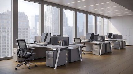 Modern open plan office interior with workstations and large windows overlooking city skyline