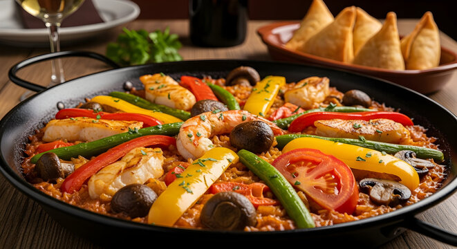 Sizzling Seafood and Vegetable Paella: A Vibrant and Delicious Spanish Dish Ready to Be Enjoyed