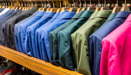 Row of colorful jackets on hangers