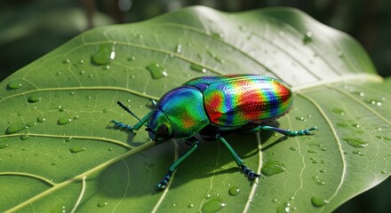 Fototapeta premium Iridescent Jewel Beetle Resting on Wet Green Leaf Close Up