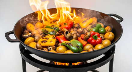 Sizzling Culinary Delight: Fresh Vegetables Ignited in a Hot Cast Iron Pan with Dynamic Flames