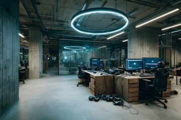 Innovative tech hub with VR equipment showcasing cutting-edge interactive experiences