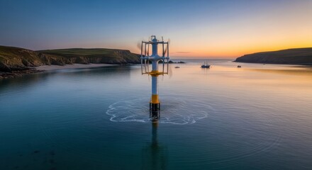 Ocean Current Turbine Generating Power in Calm Bay at Sunrise