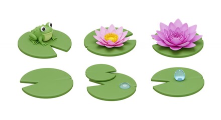 Water lily pads and lotus flower with frog