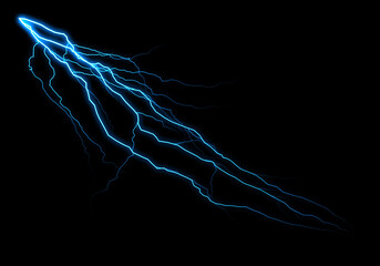 A vibrant, blue electric discharge streaks across a pitch-black background, resembling a lightning...
