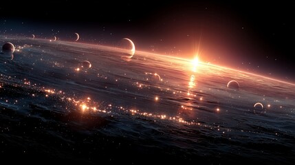 realistic solar system with rotating planets stars and bright cosmic flashes