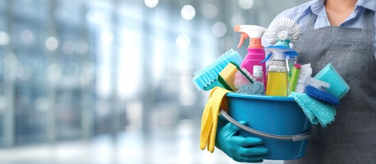Janitor holding cleaning supplies bucket in office