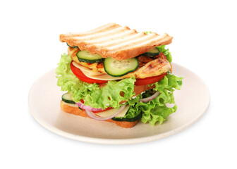 Yummy sandwich with chicken breast, cheese and vegetables isolated on white