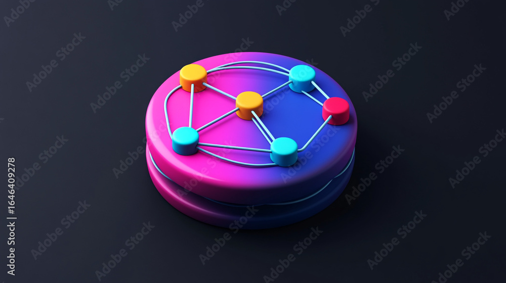 Poster colorful spheres interconnected on a gradient platform network visualization abstract design