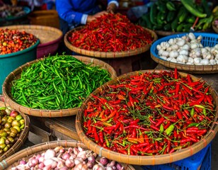 Fototapeta premium Vibrant chili peppers and vegetables displayed in woven baskets at a bustling market