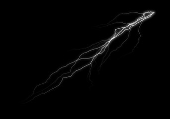 A white, branching lightning bolt streaks across a pure black background.  Its jagged path suggests power and energy.