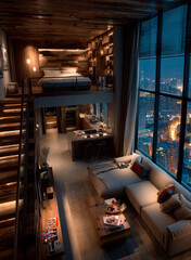 Luxury loft apartment Interior at night with city skyline view