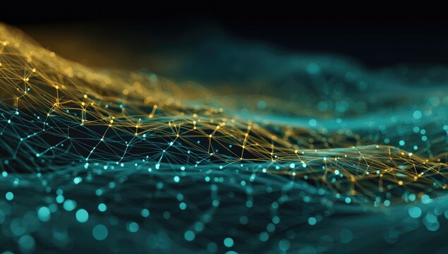 Abstract teal and gold digital wave, network connection, dark background, data visualization, tech concept