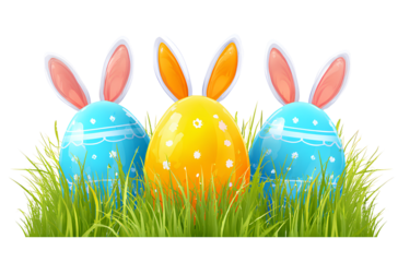  Vector illustration of three colorful Easter eggs with bunny ears in grass on a white background, in the style of vector art,