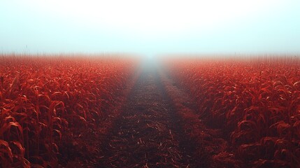 Red field disappearing into fog or mist horizon line creating a path.