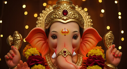 Close-up of Lord Ganesha Idol with Ornate Crown and Decorative Flowers