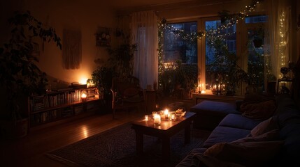 A living room with a couch, coffee table, and a fireplace