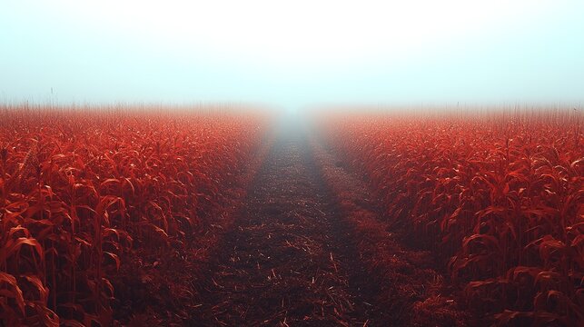 Red field disappearing into fog or mist horizon line creating a path.