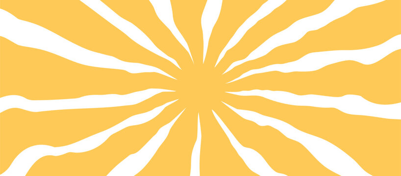 Sun retro 70s pattern, groovy summer background, wavy radial bust bg, wave sunshine, yellow ray boho flower, cartoon hippy sunbeam stripes. Light color print. Nature vibes vector illustration
