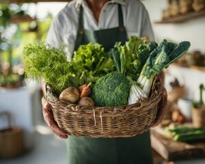 A person holding a basket of vegetables