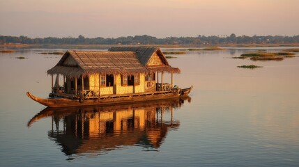 Obraz premium A small house on a small boat in a body of water