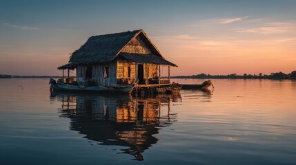 Fototapeta premium A small house on a small boat in the water
