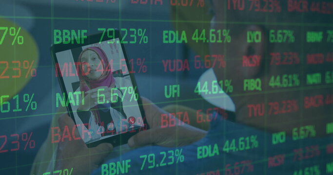 Holding tablet displaying hijab-wearing businesswoman discussing stock data at office with tickers